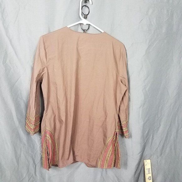 ALC At last Classics Large 3/4 Sleeve Brown Beaded Embroidered V Neck Blouse L - Picture 5 of 14
